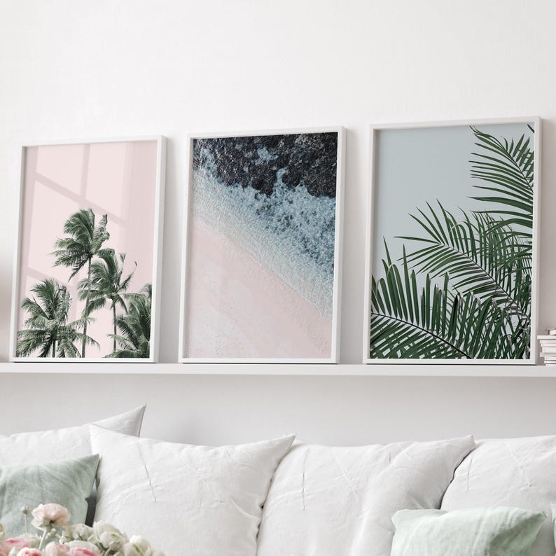 Juego de 3 láminas, arte mural en tonos pastel, arte mural imprimible, lámina de palmera, impresiones digitales, juego de láminas de hojas de palmera, arte mural azul y rosa, póster imagen 1