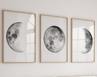 Moon Print Set Set of 3 Black and White Moon Phases Prints Printable Wall Decor Modern Art Moon Print Digital Download Home Decor Poster