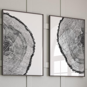 以下が含まれることがあります： 木の年輪の白黒の額装されたプリント2枚。プリントは白い背景にあり、細い黒いフレームで額装されています。