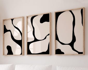 Stampa astratta nera Linee nere Set di 3 Arte murale moderna Arte murale nera e beige Set di 3 stampe Arte murale stampabile Galleria di stampe artistiche da parete