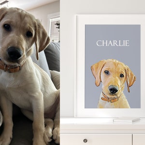Op de afbeelding: Een ingelijste illustratie van een lichtbruine hond met de naam "CHARLIE" in witte tekst op een lichtgrijze achtergrond.