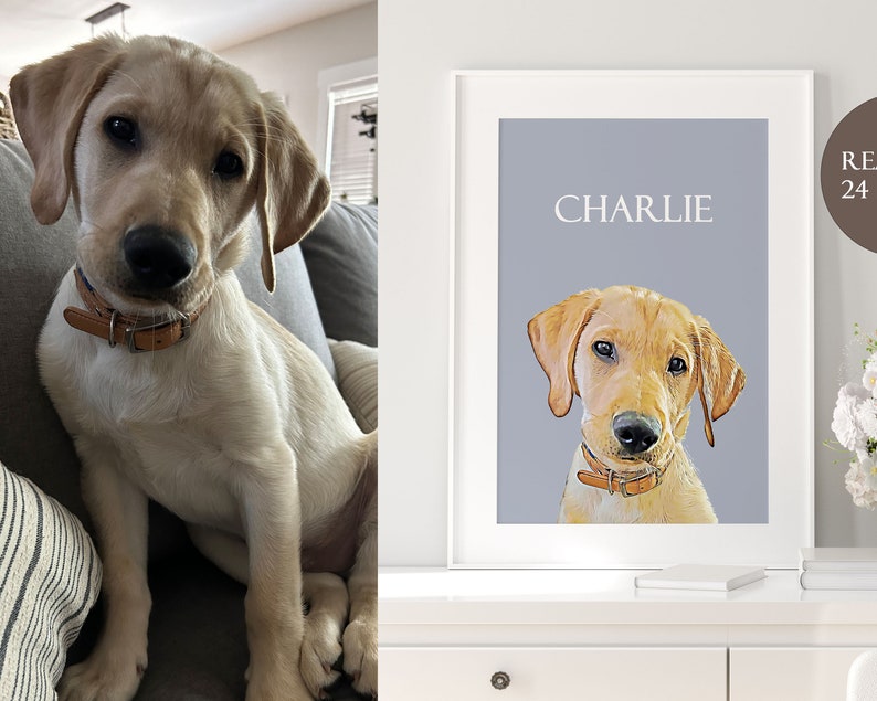 Op de afbeelding: Een ingelijste illustratie van een lichtbruine hond met de naam "CHARLIE" in witte tekst op een lichtgrijze achtergrond.