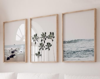 Set of 3 Beach Prints Coastal Wall Art Set Ocean Waves Palm Trees Prints Printable Wall Art Neutral Tropical Decor Seaside Gallery Wall