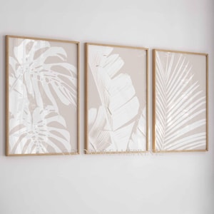 Set of 3 Wall Art Beige Wall Art Tropical Leaves Printable Wall Art Botanical Print Leaves Print Beige Wall Art Neutral Wall Decor Palm Leaf