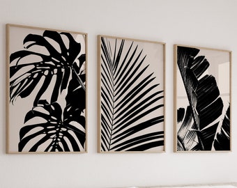 Black and Beige Wall Art, Set of 3 Print, Neutral Prints, Set of 3 Printable, Botanical Print, Tropical Leaves, Living Room Wall Decor