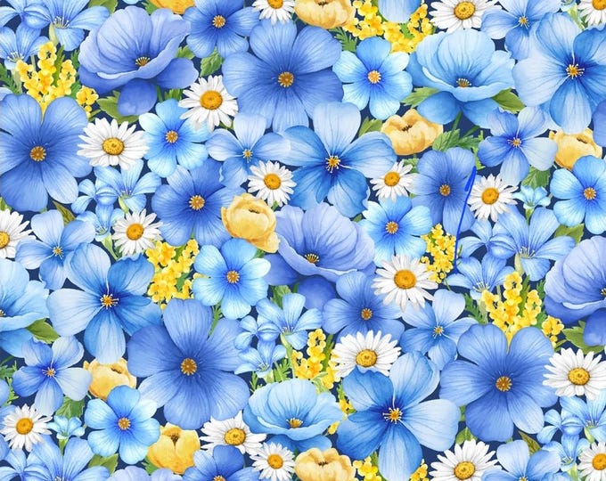 Blue and Yellow Daisy Floral Fabric by Timeless Treasures Collection - Etsy