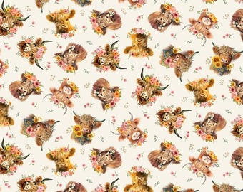 May include: A repeating pattern of watercolor Highland cow faces adorned with floral crowns and sunflowers. The cows have brown and tan fur, with pink and yellow flowers. The background is a cream color with small pink flowers and green leaves.