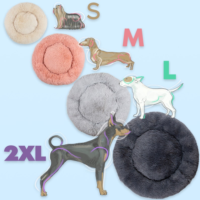 May include: Four round dog beds in different sizes, shown with dogs of different sizes. The beds are in beige, pink, gray, and dark gray. The sizes are labeled S, M, L, and 2XL.