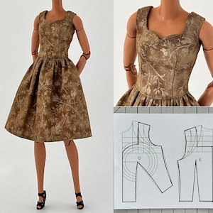 Może przedstawiać: Brązowa sukienka w kwiaty z kwadratowym dekoltem i rozkloszowaną sp&oacute;dnicą. Sukienka jest prezentowana na manekinie z czarnymi sandałami. W prawym dolnym rogu widoczny jest wz&oacute;r.