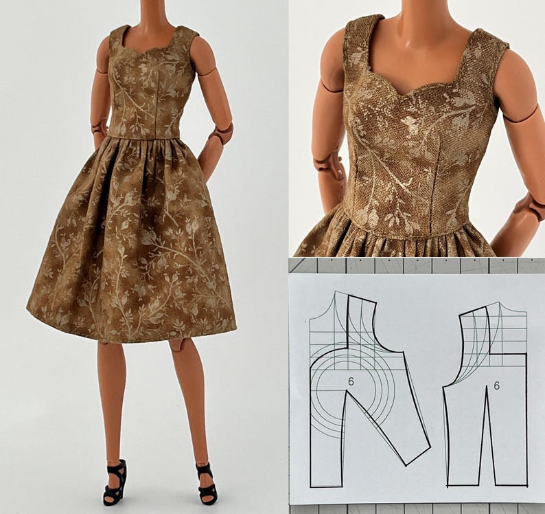 Może przedstawiać: Brązowa sukienka w kwiaty z kwadratowym dekoltem i rozkloszowaną sp&oacute;dnicą. Sukienka jest prezentowana na manekinie z czarnymi sandałami. W prawym dolnym rogu widoczny jest wz&oacute;r.