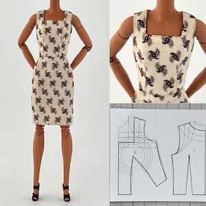 Może przedstawiać: Kremowa sukienka z kwadratowym dekoltem i powtarzającym się wzorem ciemnobrązowych paisley. Sukienka jest dopasowana i sięga do kolan. Lalka ma na sobie czarne sandały. W tle widoczny jest wz&oacute;r.