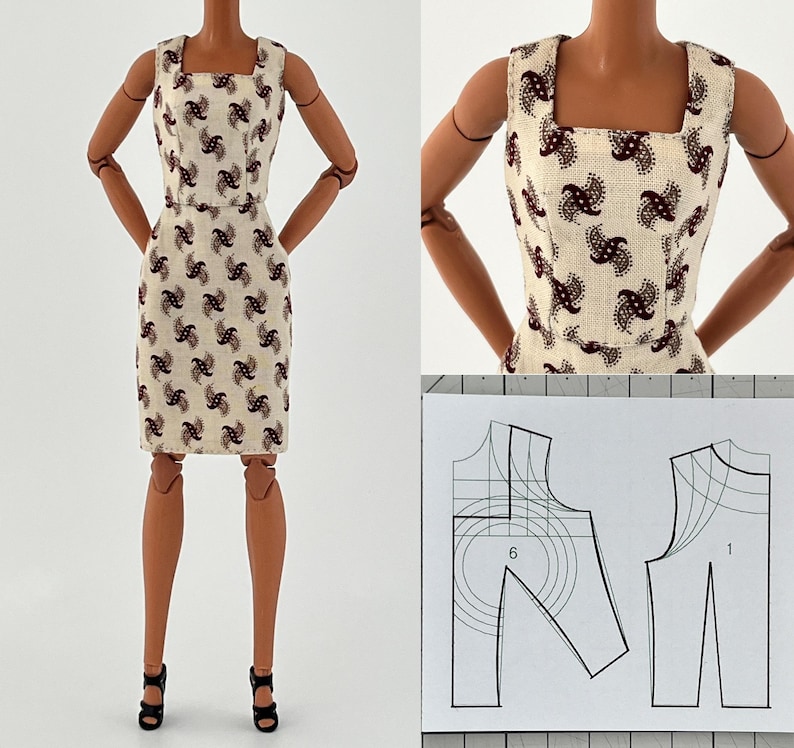 Może przedstawiać: Kremowa sukienka z kwadratowym dekoltem i powtarzającym się wzorem ciemnobrązowych paisley. Sukienka jest dopasowana i sięga do kolan. Lalka ma na sobie czarne sandały. W tle widoczny jest wz&oacute;r.