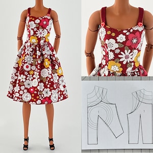 Może przedstawiać: Czerwona sukienka w kwiaty z białymi, ż&oacute;łtymi i r&oacute;żowymi kwiatami. Sukienka ma dopasowany gorset, rozkloszowaną sp&oacute;dnicę i cienkie ramiączka. Ramiączka są w ciemniejszym odcieniu czerwieni i mają detal w kształcie serca. Czarne szpilki dopełniają stylizację.