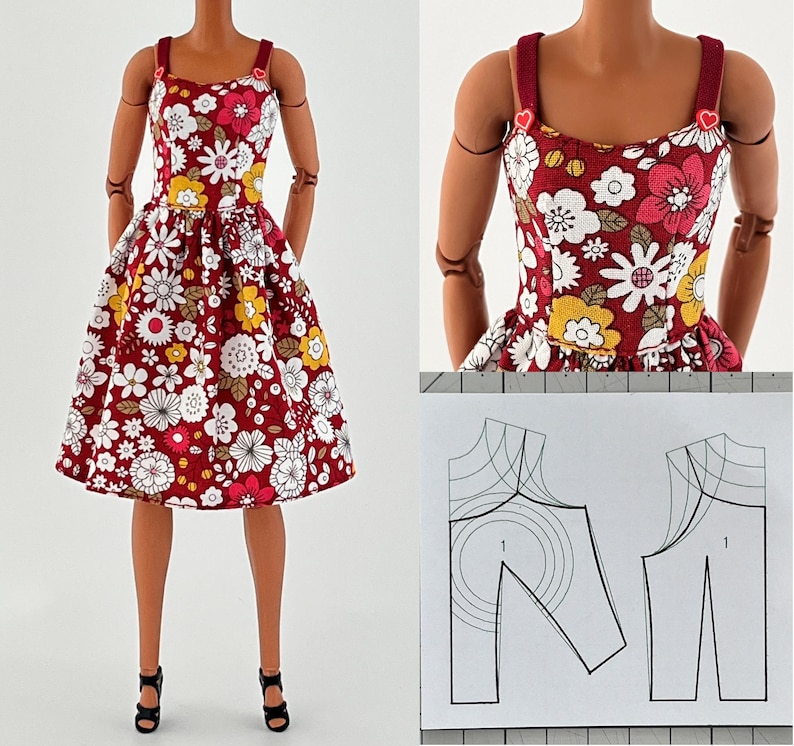Może przedstawiać: Czerwona sukienka w kwiaty z białymi, ż&oacute;łtymi i r&oacute;żowymi kwiatami. Sukienka ma dopasowany gorset, rozkloszowaną sp&oacute;dnicę i cienkie ramiączka. Ramiączka są w ciemniejszym odcieniu czerwieni i mają detal w kształcie serca. Czarne szpilki dopełniają stylizację.