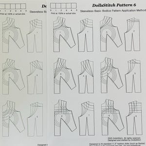 Może przedstawiać: Wydrukowany wz&oacute;r papierowy na bezrękawnik, z wieloma widokami i ponumerowanymi sekcjami. Wz&oacute;r zawiera przewodnik po rozmiarach i jest przeznaczony dla lalek modowych o wysokości 29,2 cm. Widoczny jest tekst "DollsStitch Pattern 6".