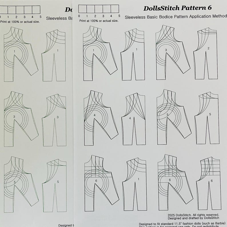Może przedstawiać: Wydrukowany wz&oacute;r papierowy na bezrękawnik, z wieloma widokami i ponumerowanymi sekcjami. Wz&oacute;r zawiera przewodnik po rozmiarach i jest przeznaczony dla lalek modowych o wysokości 29,2 cm. Widoczny jest tekst "DollsStitch Pattern 6".