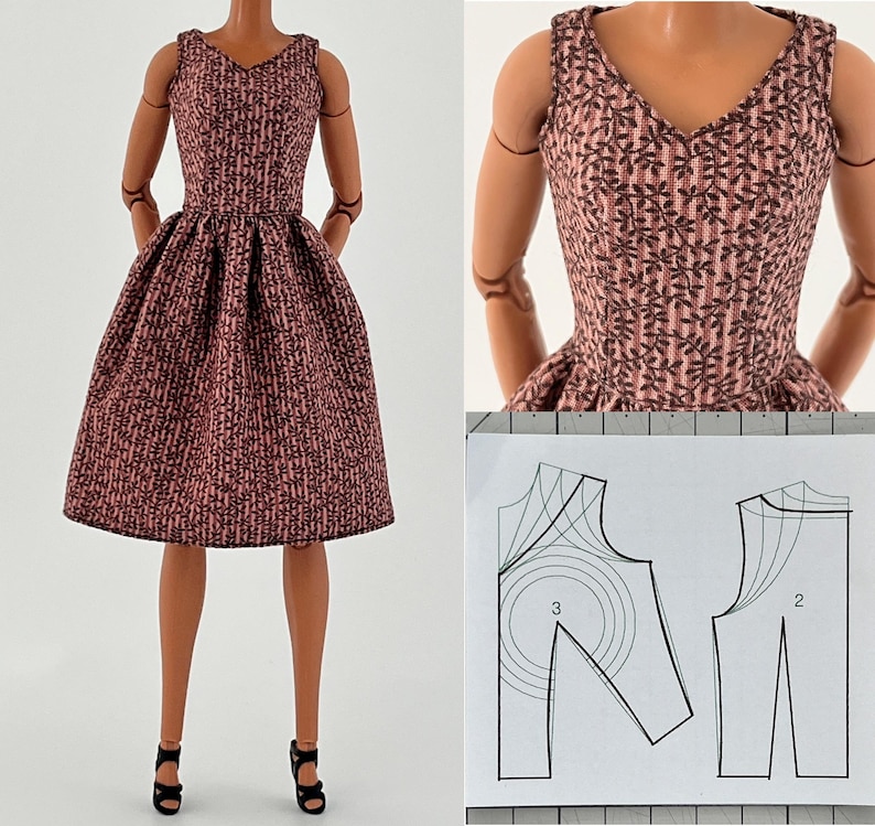 Może przedstawiać: R&oacute;żowa i brązowa sukienka we wzory z dekoltem w kształcie litery V i rozkloszowaną sp&oacute;dnicą. Sukienka jest bez rękaw&oacute;w i ma dopasowany gorset. Sukienka jest prezentowana na lalce z czarnymi butami na wysokim obcasie. W tle widoczny jest wz&oacute;r.