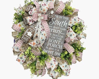 Southern Front Porch Wreath - Rustic Welcome Wreath with Sweet Tea Sign, Burlap and Gingham Ribbon, Farmhouse Door Decor