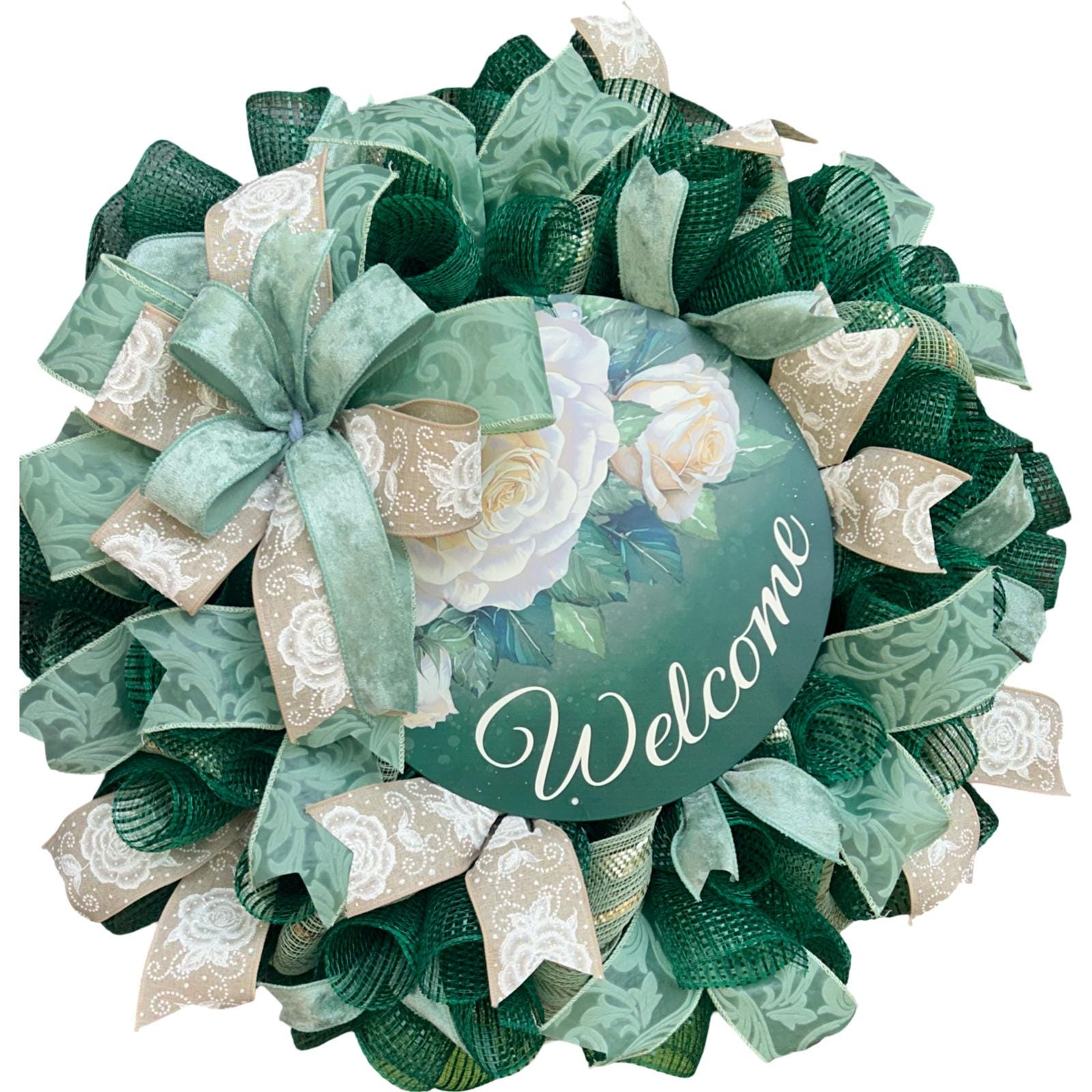 Green Welcome Wreath for Front Door, Elegant Year Round Wreath with White Roses, Deco Mesh and Bow, Housewarming Gift