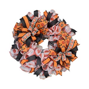 Halloween Wreath with Bows, Pumpkin and Black Cat Door Wreath, Orange and Black Mesh Wreath, Spooky Halloween Decor for Front Door