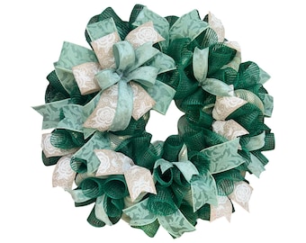 Elegant Green Deco Mesh Wreath, Handmade Green and Ivory Ribbon Wreath, Front Door Year Round Wreath, Neutral Everyday Home Decor