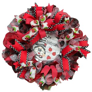 Lieveheersbeestjekrans voor voordeur, kabouter-welkomstkrans, rood zwart lente/zomerdecor, schattige lieveheersbeestje mesh boogkrans, handgemaakt cadeau-idee
