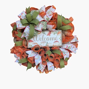 Mushroom Welcome Wreath - Rustic Fall Deco Mesh Door Decor, Handmade Woodland and Forest-Themed Wreath