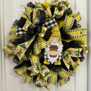 Gnome wreath with bees and honey, wreath for front door, Bee gnome home decor, summer wreath, spring wreath