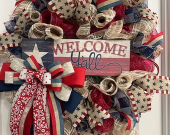 Rustic Farmhouse Welcome Y’all wreath, Texas wreath, everyday wreath, summer wreath, wreath for Texas patriot