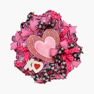 Valentine’s Day Heart Wreath - Pink and Red Deco Mesh Door Decor, XO Love Wreath, Handmade Valentine Ribbon Wreath