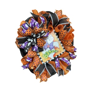 Handmade Halloween Wreath, Boo Ghost Wreath, Orange and Purple Ribbon Wreath, Ghost Decor, Front Door Halloween Decoration, Spooky Wreath