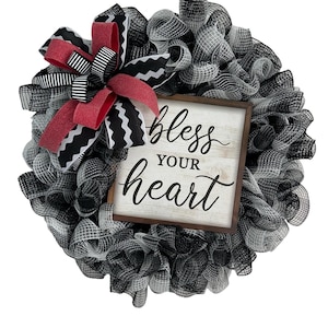 Bless Your Heart Wreath – Black and White Deco Mesh, Southern Charm Door Decor, Handmade Farmhouse Wreath, Everyday Front Door Accent