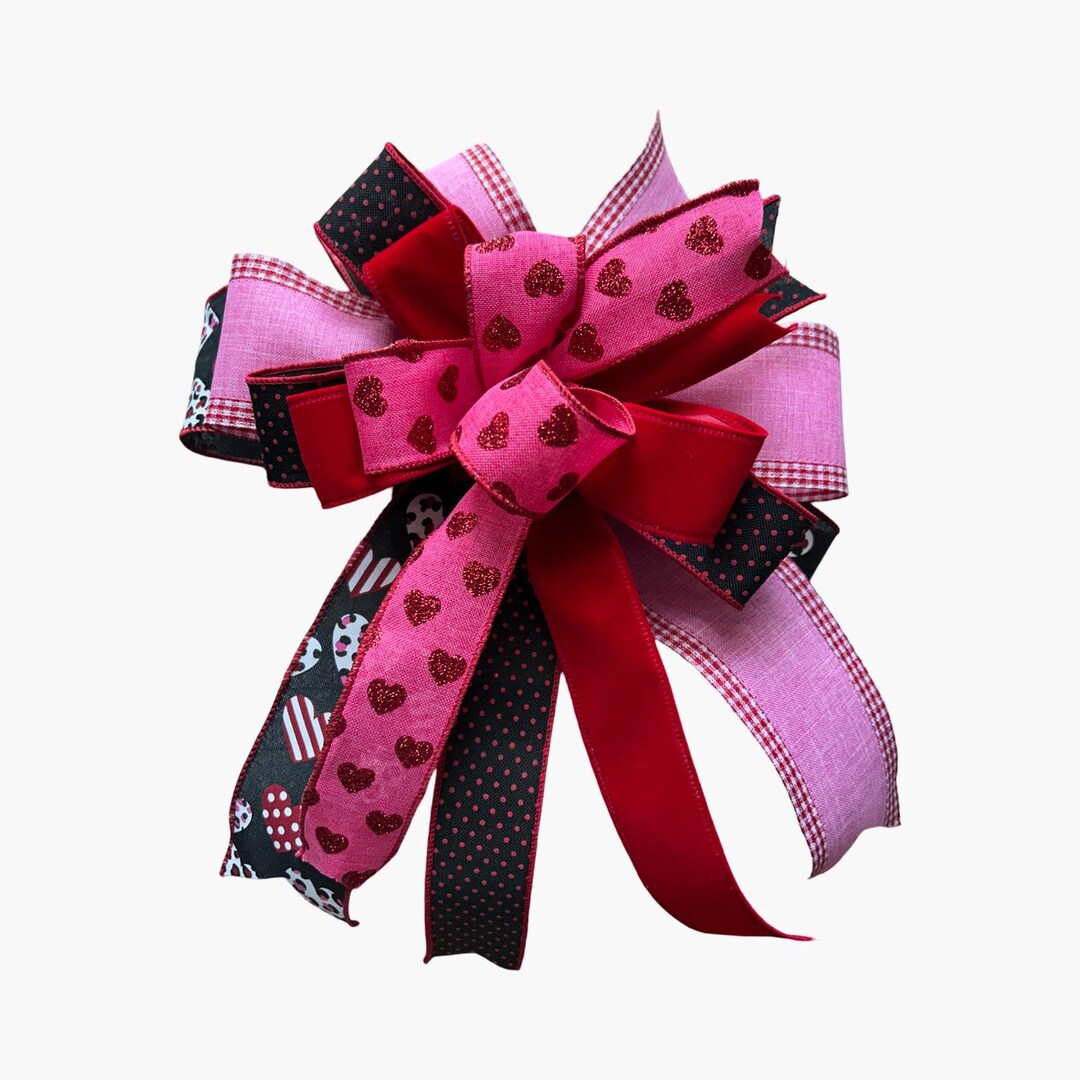 Valentine’s Day Bow - Red and Pink Glitter Heart Ribbon Bow, Handmade ...
