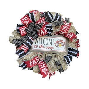 Farmhouse Chicken Wreath - “Welcome to the Coop” Rustic Burlap Wreath with Bows - Farmhouse Decor, Chicken Lover Gift, Country Kitchen Door