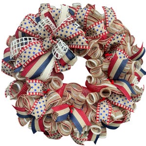Patriotic Wreath for Front Door, Fourth of July Wreath, Red White and Blue Wreath, Burlap Mesh Americana Wreath, Stars and Stripes Decor