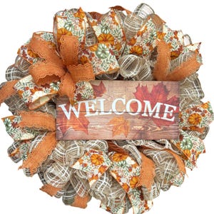Fall Welcome Wreath for Front Door – Rustic Burlap Pumpkin Wreath, Autumn Farmhouse Décor, Thanksgiving Door Decoration