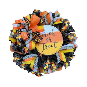 Trick or Treat Halloween Wreath, Candy Corn Ribbon Wreath, Halloween Door Decor, Handmade Halloween Decoration