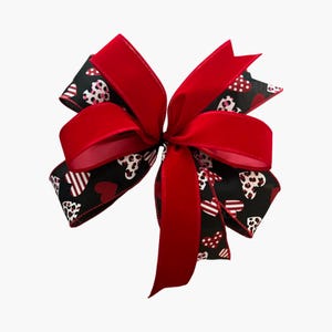 Valentine’s Day Bow - Red Velvet and Heart Pattern Wired Ribbon Bow, Handmade Door or Gift Decor, Romantic Holiday Accent