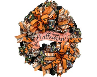 Handmade Halloween Wreath with Bows and Sign, Happy Halloween Decor, Black and Orange Ribbon Wreath, Halloween Door Decor, Spooky Fall door