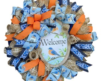 Bluebird Welcome Wreath for Front Door, Spring Burlap Mesh Wreath, Orange and Blue Ribbon Handmade Bird Decor