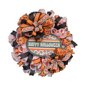 Happy Halloween Wreath, Black Cat Wreath, Halloween Door Decor, Orange and Black Mesh Wreath, Spooky Ribbon Wreath for Front Door