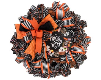 Halloween Front Door Wreath, Trick or Treat Sign, Orange and Black Skeleton Decor, Halloween Party Decoration