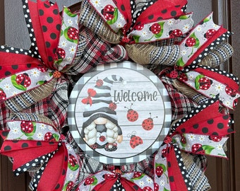 Ladybug gnome welcome wreath, spring wreath for door, ladybug gifts for loved ones, cute spring wreath, house warming gifts, hostess gift