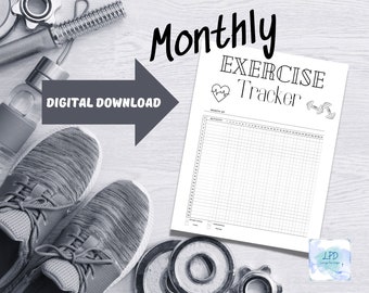 Tracker di esercizi digitale e stampabile, pianificatore mensile, tracker di esercizi, tracker di abitudini, programma, routine, PDF, salute e benessere