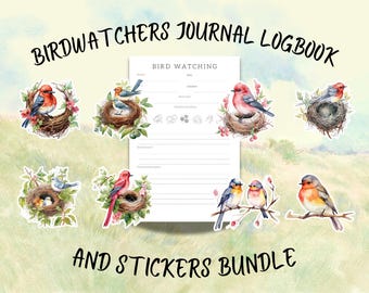 Diario di birdwatching, libretto di appunti, adesivi PNG, pacchetto per adulti e bambini, adesivi per il birdwatching per l'homeschooling