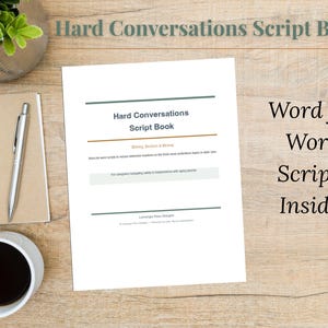 May include: A white document titled Hard Conversations Script Book with dark green and orange horizontal lines. The text includes Driving, Doctors & Money, and the subtitle For caregivers navigating safety & independence with aging parents.