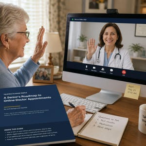 May include: A dark blue instructional guide titled A Senior's Roadmap to Online Doctor Appointments sits on a desk next to a computer monitor displaying a video call with a doctor. A notebook with handwritten questions and a sticky note are visible.