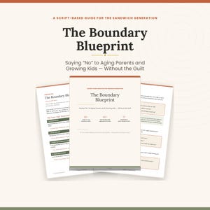 Può includere: Una guida intitolata The Boundary Blueprint: A Script-Based Guide for the Sandwich Generation, Saying No to Aging Parents and Growing Kids Without the Guilt. La copertina presenta 40+ script, 60+ scenari e 12 strumenti di riferimento.