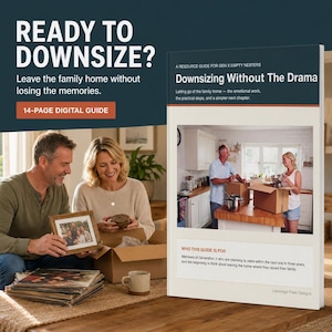 May include: A 14-page digital guide titled Downsizing Without The Drama, featuring a resource guide for Gen X empty nesters. The cover displays a photo of a couple packing boxes in a kitchen, with text about leaving the family home.