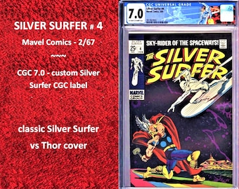 Silver Surfer # 4 - CGC 7.0 mit benutzerdefiniertem CGC Silver Surfer Label - Thor und Loki Auftritte - 2/1969 - klassisches Thor vs Silver Surfer Cover